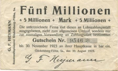 Gückelsberg und Flöhe (heute: Flöha) - Heymann, G. F., Baumwollspinnerei - 30.8.1923 - 30.11.1923 - 5 Millionen Mark 
