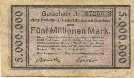 Hagen - Stadt und Kreis - 13.8.1923 - 1.10.1923 - 5 Millionen Mark 