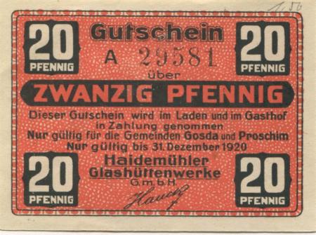 Haidemühl (heute: Spremberg) - Haidemühler Glashüttenwerke GmbH - - 31.12.1920 - 20 Pfennig 