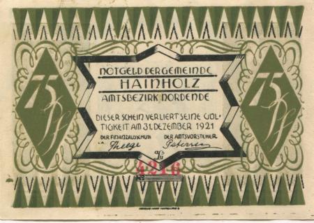 Hainholz (heute: Elmshorn) - Gemeinde - - 31.12.1921 - 75 Pfennig 