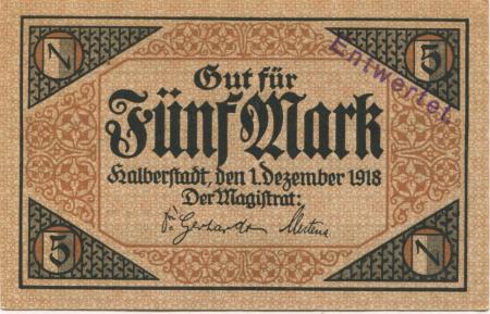 Halberstadt - Stadt - 1.12.1918 - 5 Mark 