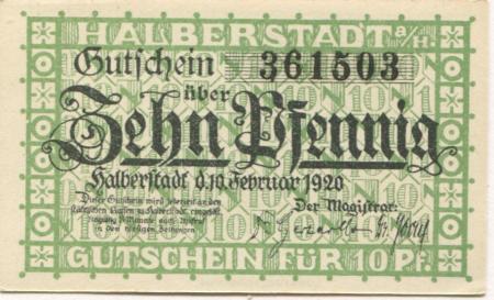 Halberstadt - Stadt - 1.2.1920 - 10 Pfennig 