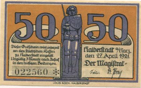 Halberstadt - Stadt - 27.4.1921 - 50 Pfennig 
