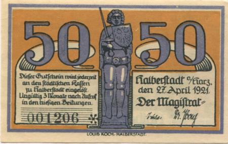 Halberstadt - Stadt - 27.4.1921 - 50 Pfennig 