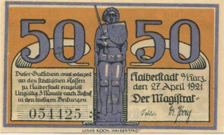 Halberstadt - Stadt - 27.4.1921 - 50 Pfennig 