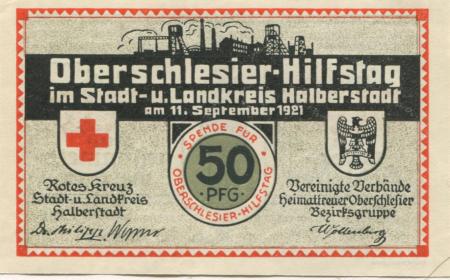 Halberstadt - Rotes Kreuz, Stadt und Landkreis Halberstadt, und Vereinigte Verbände heimattreuer Schlesier, Bezirksgruppe Halberstadt (Oberschlesier Hilfstag) - 11.9.1921 - 50 Pfennig 