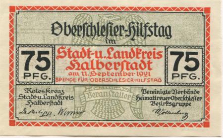 Halberstadt - Rotes Kreuz, Stadt und Landkreis Halberstadt, und Vereinigte Verbände heimattreuer Schlesier, Bezirksgruppe Halberstadt (Oberschlesier Hilfstag) - 11.9.1921 - 75 Pfennig 