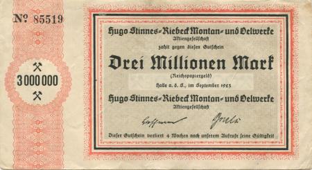 Halle - Stinnes-Riebeck, Hugo, Montan- und Oelwerke AG - September 1923 - 3 Millionen Mark 