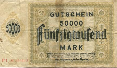 Hamborn (heute: Duisburg) - Thyssen-Hütte, August, Gewerkschaft, Gewerkschaften Friedrich Thyssen, Lohberg, Rhein I - 25.6.1923 - 31.12.1923 - 50000 Mark 
