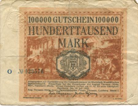 Hamborn (heute: Duisburg) - Thyssen-Hütte, August, Gewerkschaft, Gewerkschaften Friedrich Thyssen, Lohberg, Rhein I - 15.7.1923 - 31.12.1923 - 100000 Mark 