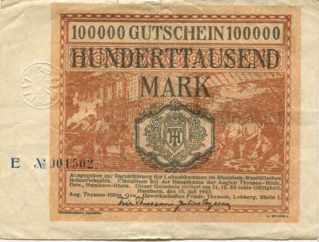 Hamborn (heute: Duisburg) - Thyssen-Hütte, August, Gewerkschaft, Gewerkschaften Friedrich Thyssen, Lohberg, Rhein I - 15.7.1923 - 31.12.1923 - 100000 Mark 