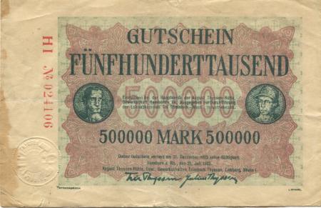 Hamborn (heute: Duisburg) - Thyssen-Hütte, August, Gewerkschaft, Gewerkschaften Friedrich Thyssen, Lohberg, Rhein I - 20.7.1923 - 500000 Mark 