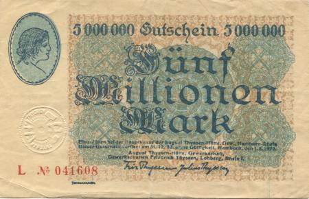 Hamborn (heute: Duisburg) - Thyssen-Hütte, August, Gewerkschaft, Gewerkschaften Friedrich Thyssen, Lohberg, Rhein I - 1.8.1923 - 31.12.1923 - 5 Millionen Mark 