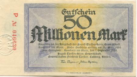 Hamborn (heute: Duisburg) - Thyssen-Hütte, August, Gewerkschaft, Gewerkschaften Friedrich Thyssen, Lohberg, Rhein I - 1.9.1923 - 31.3.1924 - 50 Millionen Mark 