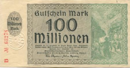 Hamborn (heute: Duisburg) - Thyssen-Hütte, August, Gewerkschaft, Gewerkschaften Friedrich Thyssen, Lohberg, Rhein I - 1.9.1923 - 31.3.1924 - 100 Millionen Mark 