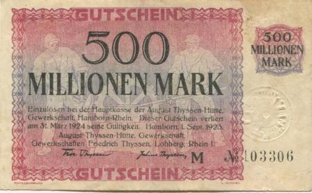Hamborn (heute: Duisburg) - Thyssen-Hütte, August, Gewerkschaft, Gewerkschaften Friedrich Thyssen, Lohberg, Rhein I - 1.9.1923 - 31.3.1924 - 500 Millionen Mark 