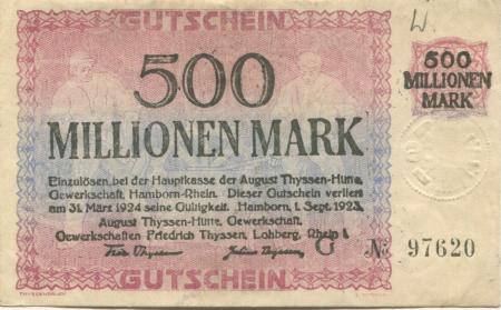 Hamborn (heute: Duisburg) - Thyssen-Hütte, August, Gewerkschaft, Gewerkschaften Friedrich Thyssen, Lohberg, Rhein I - 1.9.1923 - 31.3.1924 - 500 Millionen Mark 