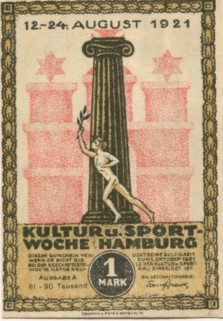 Hamburg - Kultur- und Sportwoche, Finanzausschuss und Geschäftsführung - 12.8.1921/24.8.1921 - 1.10.1921 - 1 Mark 