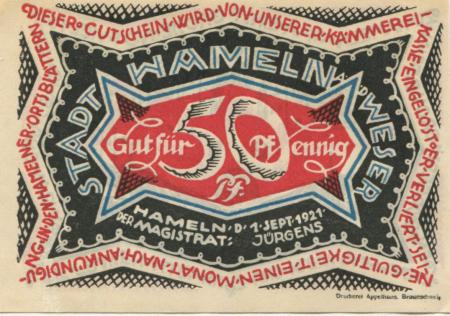 Hameln - Stadt - 1.9.1921 - 50 Pfennig 