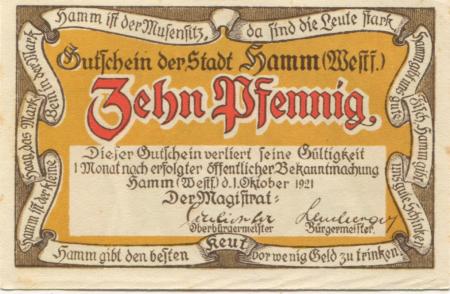 Hamm -Stadt - 1.10.1921 - 10 Pfennig 