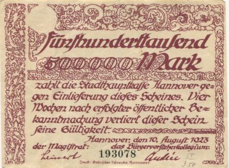 Hannover - Stadt - 10.8.1923 - 500000 Mark 