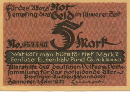 Hannover - Altershilfe des deutschen Volkes, Provinzialausschuss Hannover - 1.2.1922 - 5 Mark 