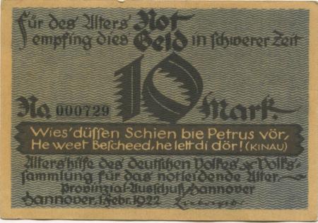 Hannover - Altershilfe des deutschen Volkes, Provinzialausschuss Hannover - 1.2.1922 - 10 Mark 