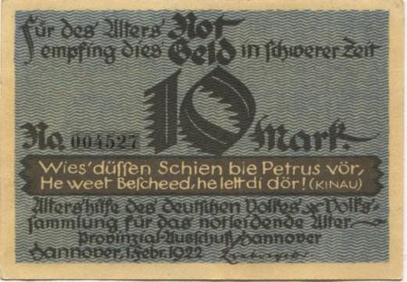 Hannover - Altershilfe des deutschen Volkes, Provinzialausschuss Hannover - 1.2.1922 - 10 Mark 