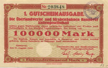 Hannover - Überlandwerke und Straßenbahnen AG - 11.8.1923 - 100000 Mark 