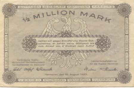 Hannover - Vereinigung niedersächsischer Handelskammern und Landwirtschaftskammer für die Provinz Hannover - 15.8.1923 - 1/2 Million Mark 