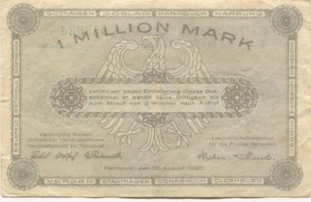 Hannover - Vereinigung niedersächsischer Handelskammern und Landwirtschaftskammer für die Provinz Hannover - 15.8.1923 - 1 Million Mark 