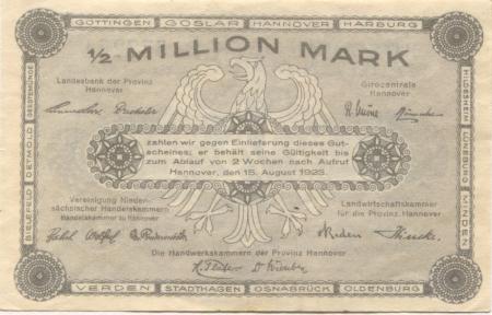 Hannover - Vereinigung niedersächsischer Handelskammern, Landwirtschaftskammer für die Provinz Hannover, Landesbank der Provinz und Girozentrale - 15.8.1923 - 1/2  Million Mark 