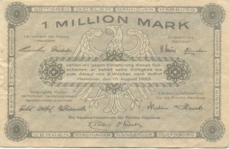 Hannover - Vereinigung niedersächsischer Handelskammern, Landwirtschaftskammer für die Provinz Hannover, Landesbank der Provinz und Girozentrale - 15.8.1923 - 1 Million Mark 