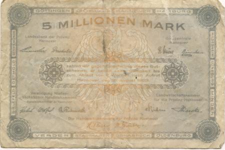 Hannover - Vereinigung niedersächsischer Handelskammern, Landwirtschaftskammer für die Provinz Hannover, Landesbank der Provinz und Girozentrale - 15.8.1923 - 5 Millionen Mark 