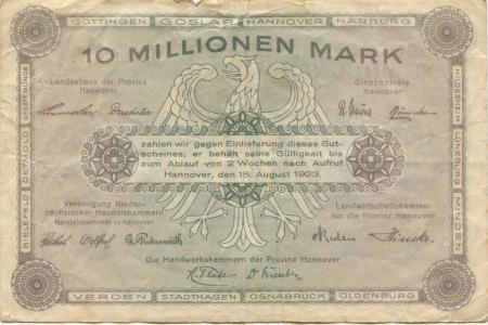 Hannover - Vereinigung niedersächsischer Handelskammern, Landwirtschaftskammer für die Provinz Hannover, Landesbank der Provinz und Girozentrale - 15.8.1923 - 10 Millionen Mark 