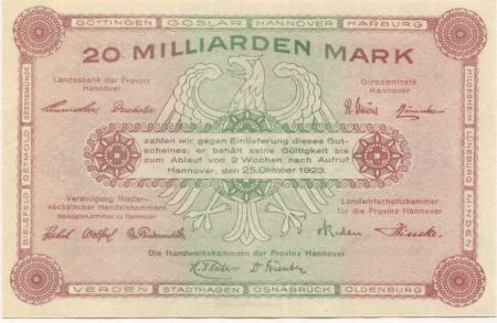 Hannover - Vereinigung niedersächsischer Handelskammern, Landwirtschaftskammer für die Provinz Hannover, Landesbank der Provinz und Girozentrale - 25.10.1923 - 20 Milliarden Mark 