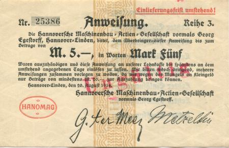Hannover-Linden - Hannoversche Maschinenbau AG, vormals Georg Egestorff - 20.8.1914 - 5 Mark 