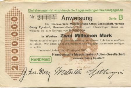 Hannover-Linden - Hannoversche Maschinenbau AG, vormals Georg Egestorff - 15.8.1923 - 2 Millionen Mark 