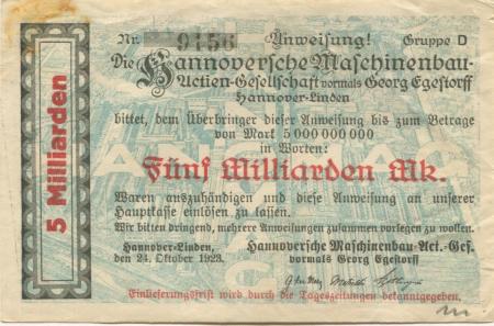 Hannover-Linden - Hannoversche Maschinenbau AG, vormals Georg Egestorff - 24.10.1923 - 5 Milliarden Mark 