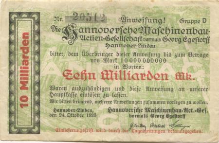 Hannover-Linden - Hannoversche Maschinenbau AG, vormals Georg Egestorff - 24.10.1923 - 10 Milliarden Mark 