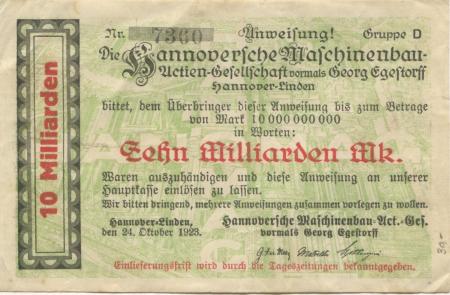 Hannover-Linden - Hannoversche Maschinenbau AG, vormals Georg Egestorff - 24.10.1923 - 10 Milliarden Mark 