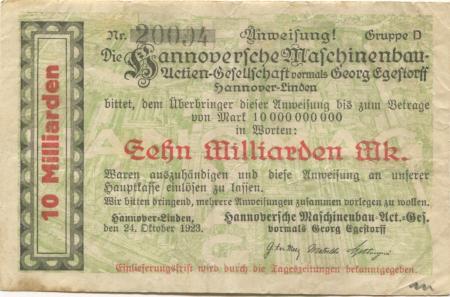 Hannover-Linden - Hannoversche Maschinenbau AG, vormals Georg Egestorff - 24.10.1923 - 10 Milliarden Mark 