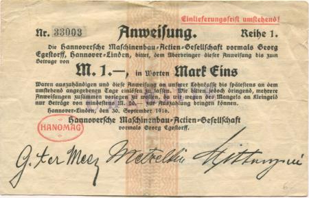 Hannover-Linden - Hannoversche Maschinenbau AG, vormals Georg Egestorff - 30.9.1916 - 1 Mark 