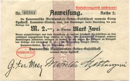 Hannover-Linden - Hannoversche Maschinenbau AG, vormals Georg Egestorff - 30.9.1916 - 2 Mark 