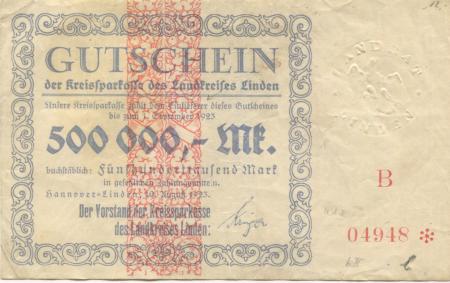 Hannover-Linden - Kreissparkasse des Landkreises Linden - 10.8.1923 - 1.9.1923 - 500000 Mark 