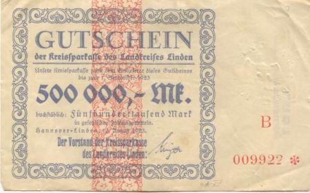 Hannover-Linden - Kreissparkasse des Landkreises Linden - 10.8.1923 - 1.9.1923 - 500000 Mark 