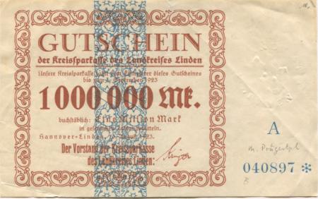 Hannover-Linden - Kreissparkasse des Landkreises Linden - 10.8.1923 - 1.9.1923 - 1 Million Mark 
