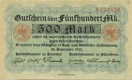 Hannover und Hildesheim - Handelskammern -  26.9.1922 - 500 Mark 