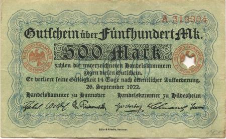 Hannover und Hildesheim - Handelskammern -  26.9.1922 - 500 Mark 