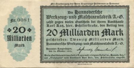 Hannover und Langenhagen - Hannoversche Werkzeug und Maschinenfabrik AG - 24.10.1923 - 20 Milliarden Mark 